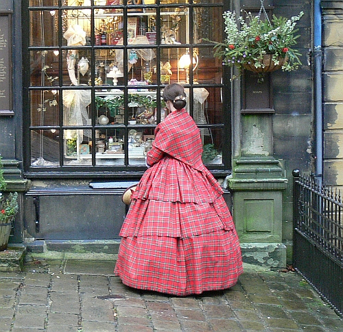 1850s red tartan gown