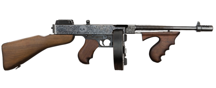 Thompson submachine gun painted graphics.