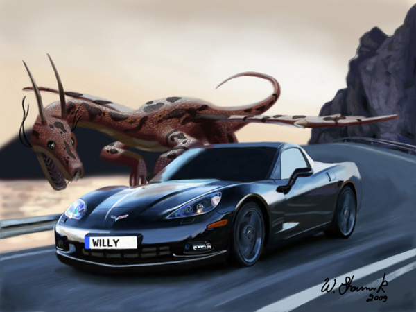 dragon vs car digital painting