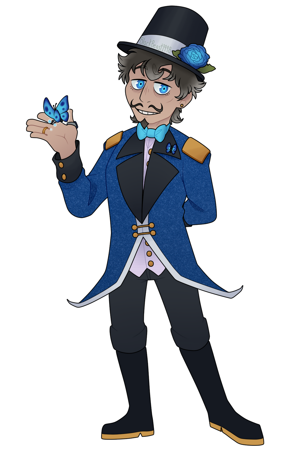 The Ringleader, wearing mostly black and blue, with gold and silver accents. He is holding a small blue butterfly in his hand.