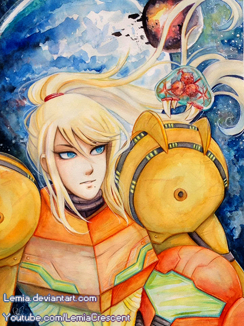 Watercolor Poster Samus Aran with Baby Metroid