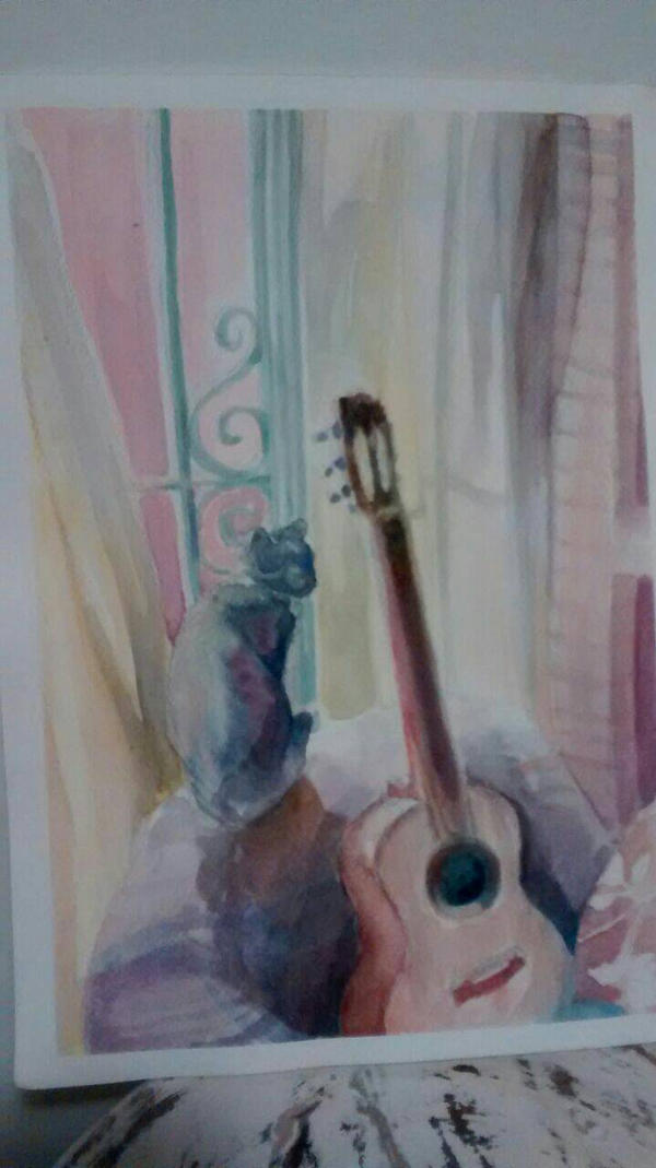 guitar and black cat watercolour