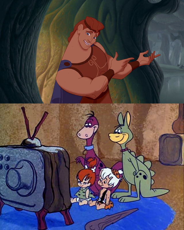 Pebbles, BamBam, Dino, and Hoppy watching Hercules