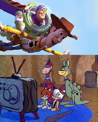 Pebbles Bam-Bam Dino and Hoppy watching Toy Story