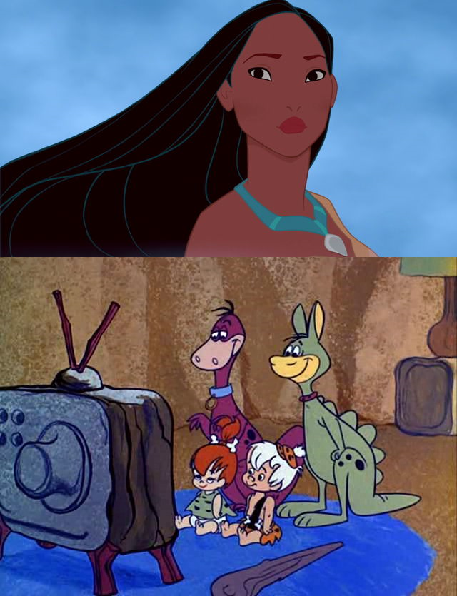 Pebbles Bam-Bam Dino and Hoppy watching Pocahontas