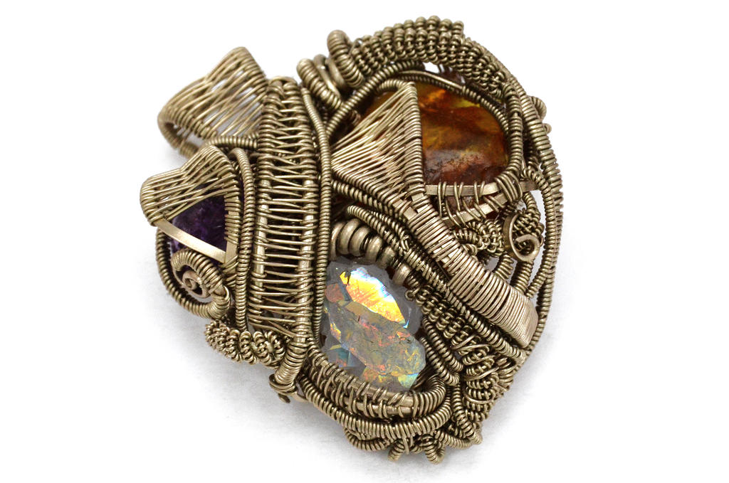 Wire Wrap Pendant with Amber, Amethyst, Angel Aura