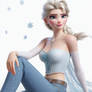 Elsa in a tube top and jeans sitting down