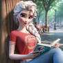 Elsa reading a book sitting against a tree