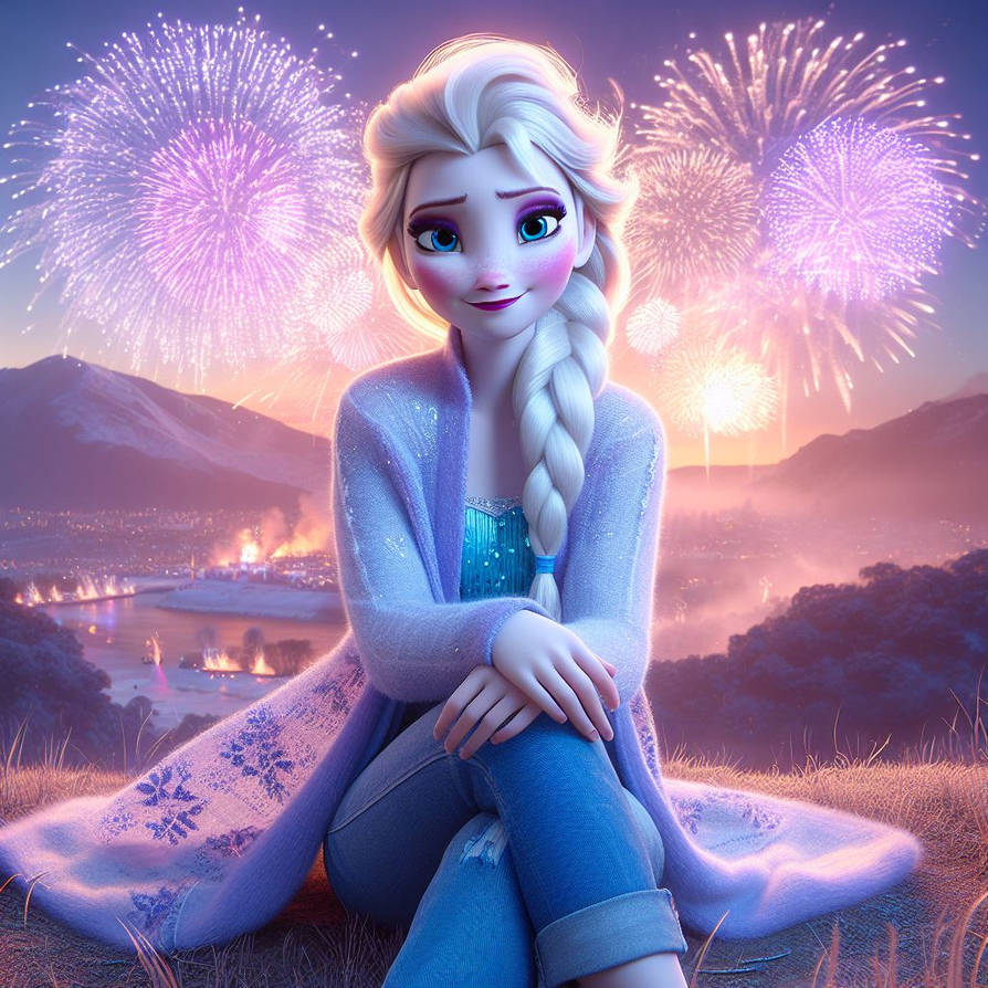 Elsa sitting on a hill with fireworks behind her by disneyfan135 on ...