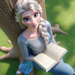 Elsa reading a book by a tree