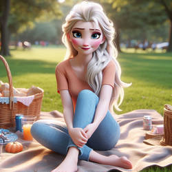Elsa sitting on a picnic blanket