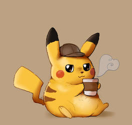 (Ko-fi) Detective Pikachu with Coffee by HappyCrumble