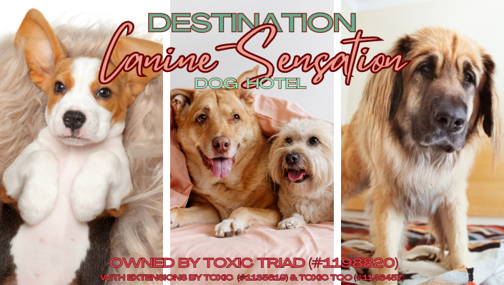 Destination Canine-Sensation: Dog Hotel by Toxic Too featuring from left to right a Beagle puppy on its back looking at the camera, a a medium dog and small dog underneath pink comforter on a bed, and a giant breed on the bed in a hotel.