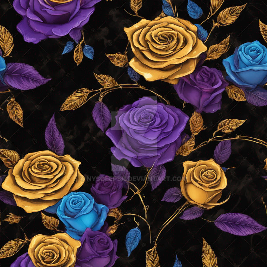 Roses, paws, smoke, fire trailing with purple, gol