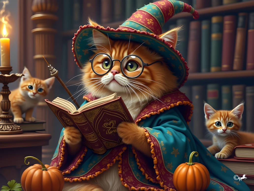 Whimsy Wizard Whimsical Wizard Cat in Cozy Library by unicorngraphics on DeviantArt