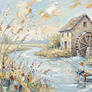 Tranquil Countryside with Watermill Painting