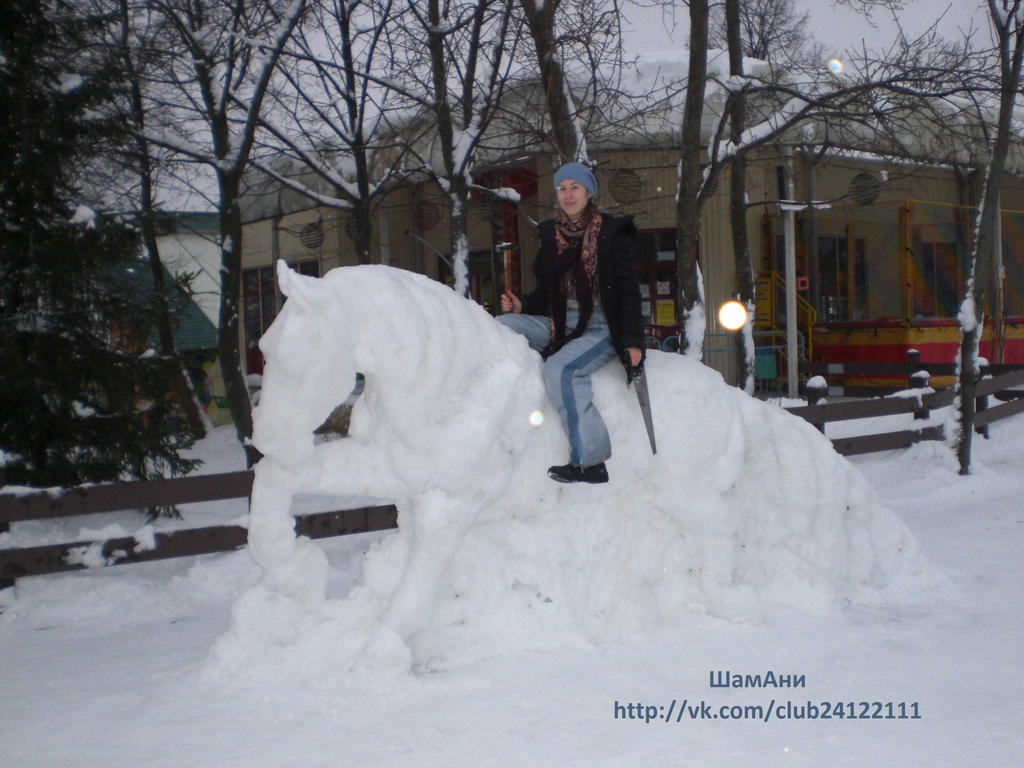 I and my snow sculpture Welsh pony