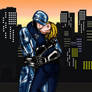 RoboCop and Anne Lewis kiss, urban landscape