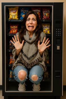 Beautiful brunette trapped in a vending machine