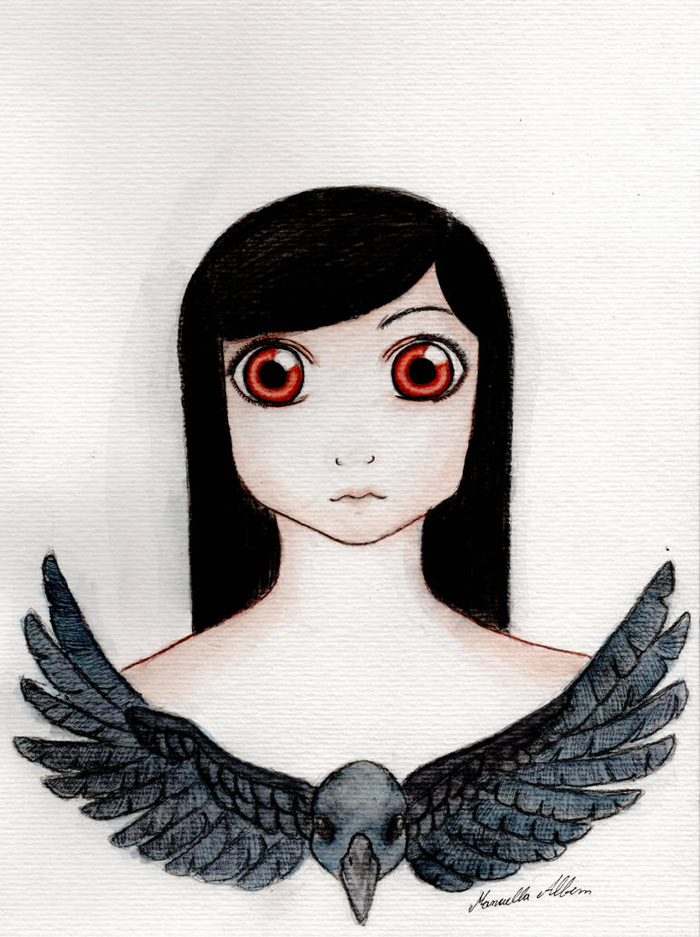 Raven hair, dark crow and red eyes