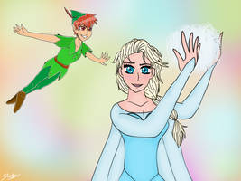 Elsa and Peter Pan anime art