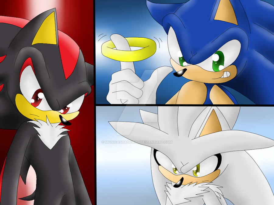 sonic the hedgehog, shadow the hedgehog, and silver the hedgehog (sonic)  drawn by yakuyori_0