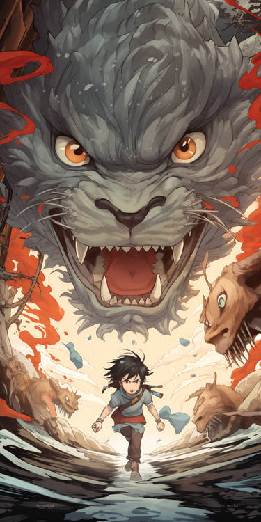 Manga character fighting a monster 2