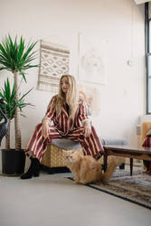 Striped pantsuit (with cat)