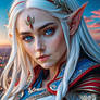 White haired Elven woman with piercing blue eyes