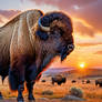 Bison on the Plain at Sunset