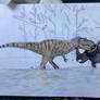 Albertosaurus vs styracosaurus in river