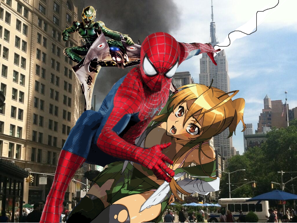 Spider-man saving Rei from Green Goblin