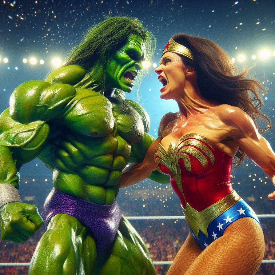 Woman Hulk Rage Wonder Woman wrestles The Hulk by SuperheroFantasyMag on DeviantArt