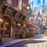A Fantasy-Style Street Scene with a Wooden Barrel