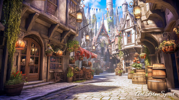 A Fantasy-Style Street Scene with a Wooden Barrel