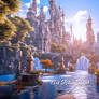 A Sunlit City and Waterfall in a Fantasy Scene