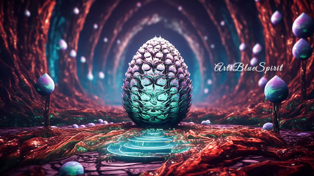 White Egg in Dark Cave with Futuristic Waves