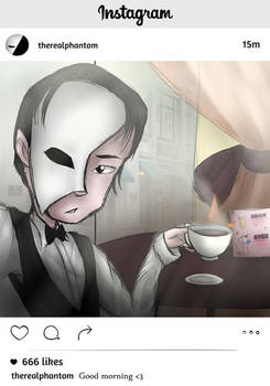 The Phantom of the Opera take a selfie at the cafe