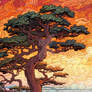 A digital painting of a large cypress tree