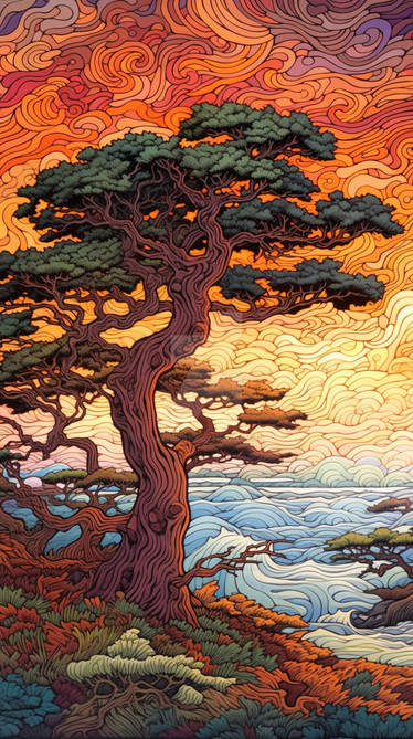 A digital painting of a large cypress tree