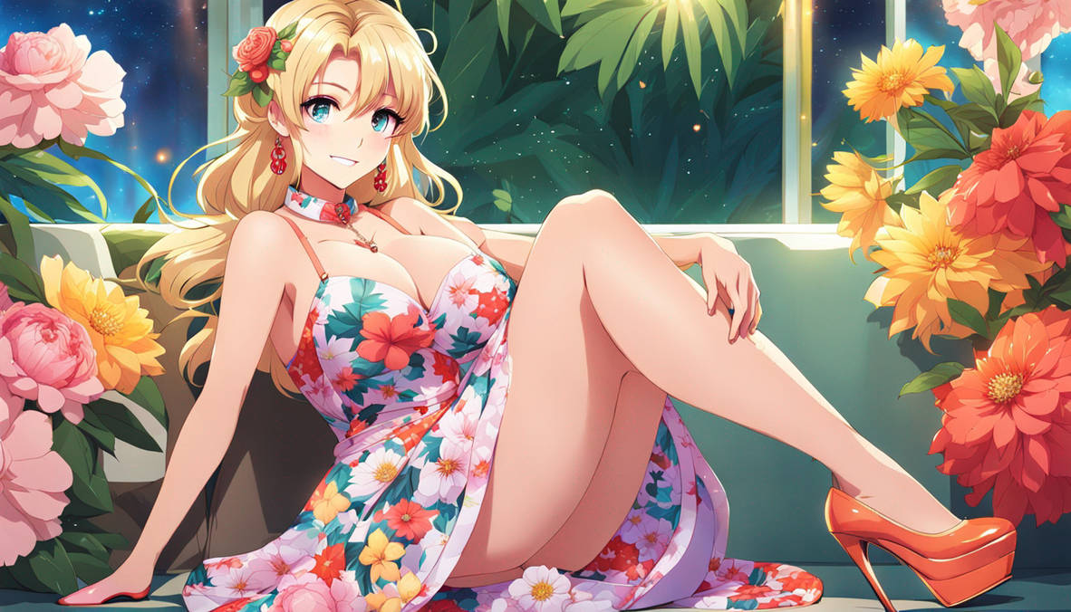 Busty blonde woman, smiling, makeup, floralprint