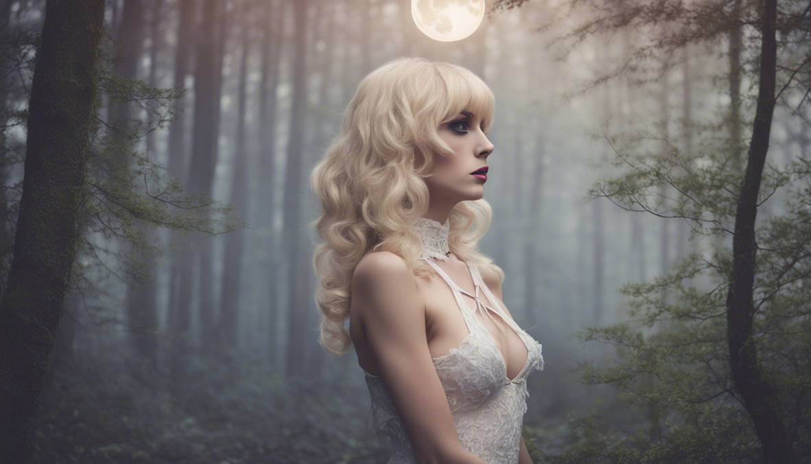 Blonde crossdresser in the forest under a fullmoon