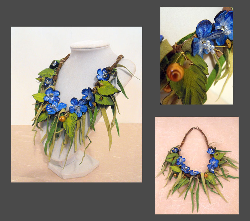 Leather floral blue necklace