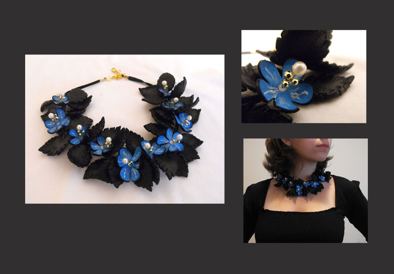 Blue Leather Floral Necklace