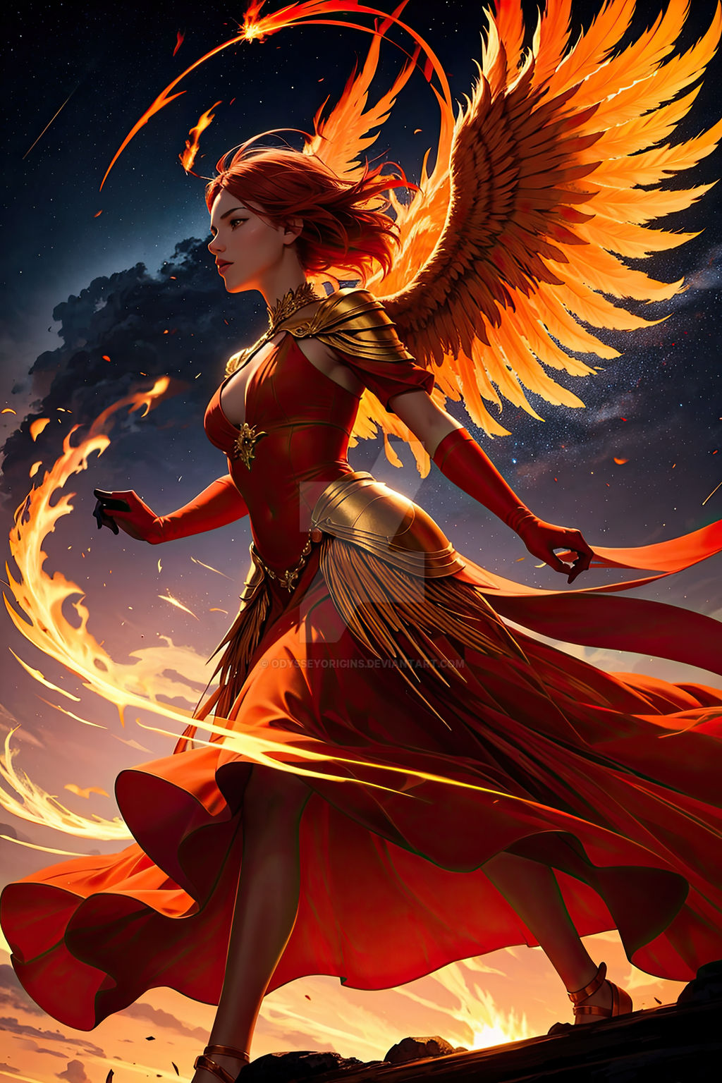 Fiery Elegance: The Phoenix Girl's Tale by OdysseyOrigins on DeviantArt