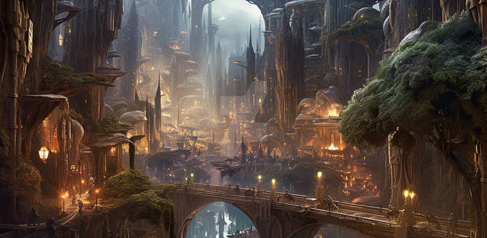 Arcane Dusk: An Elven Cityscape in Twilight's Embr