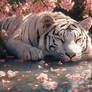 White Tiger Beneath Falling Cherry Blossoms