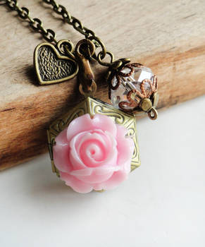 Hexagon Bronze Picture Locket Pink Rose Necklace