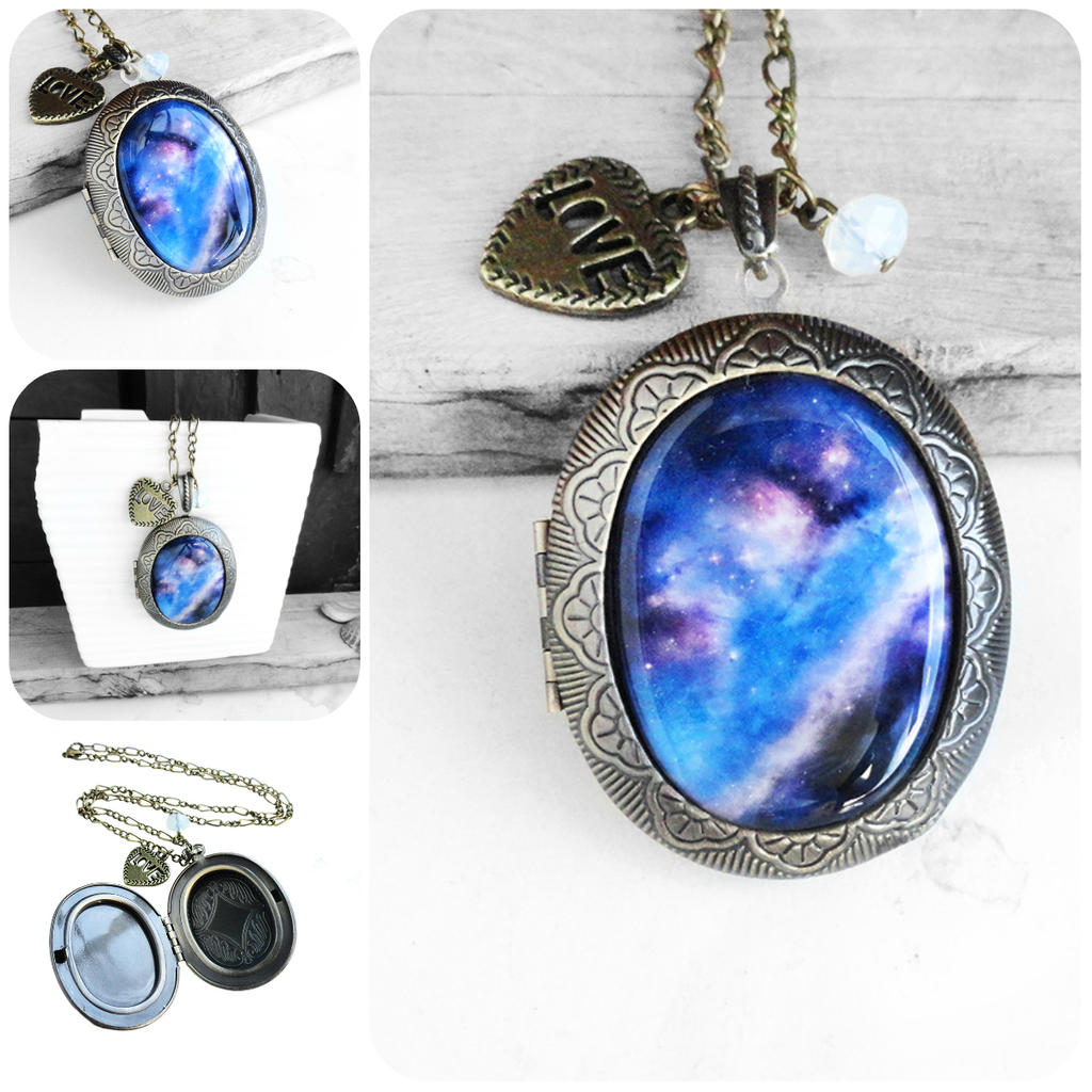 Handmade Resin Galaxy Bronze Oval Locket Necklace