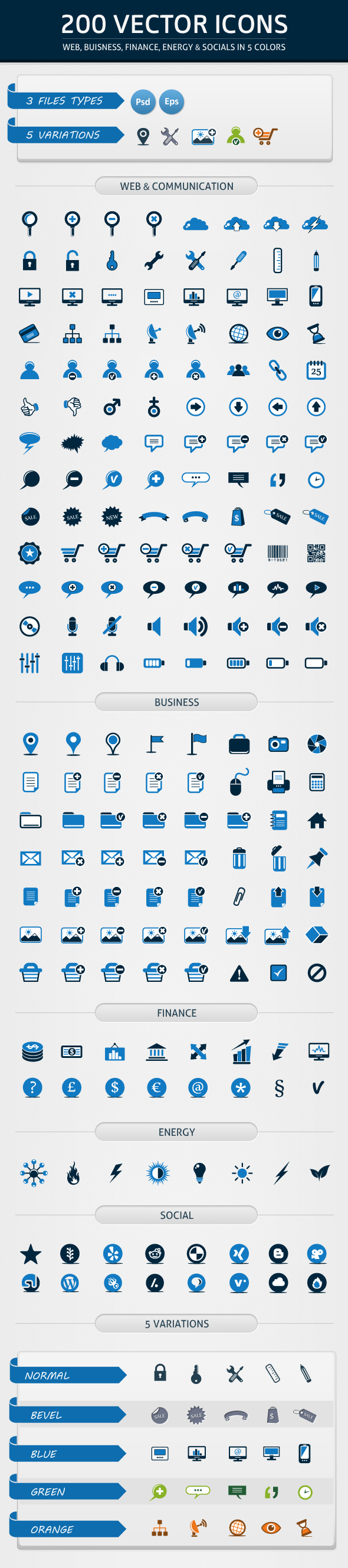 200 Web Icons in 5 Colors